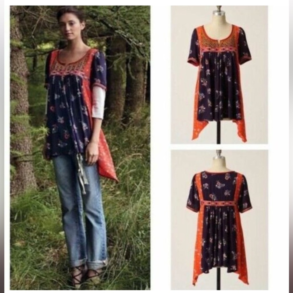 Floreat Anthropologie Patchwork Boho Embroidered Asymmetrical Tunic Top sz 2